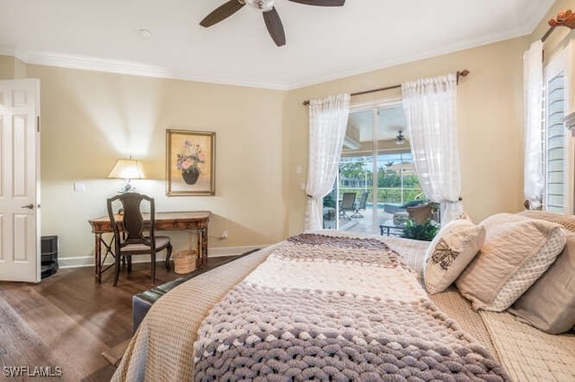 bedroom featuring ceiling fan, access to exterior, dark hardwood / wood-style flooring, and crown molding