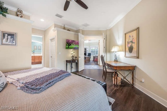 bedroom with ceiling fan, connected bathroom, crown molding, and dark hardwood / wood-style flooring