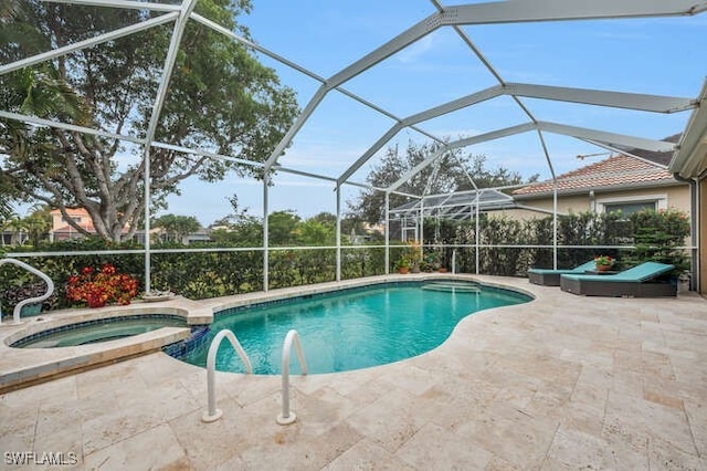 view of pool featuring sink, an in ground hot tub, glass enclosure, and a patio area