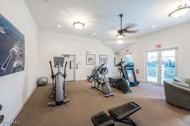 gym with ceiling fan and carpet floors