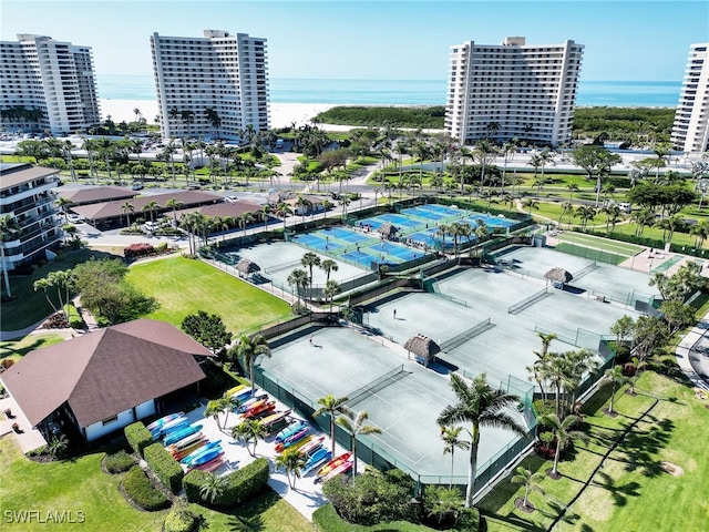 aerial view featuring a water view