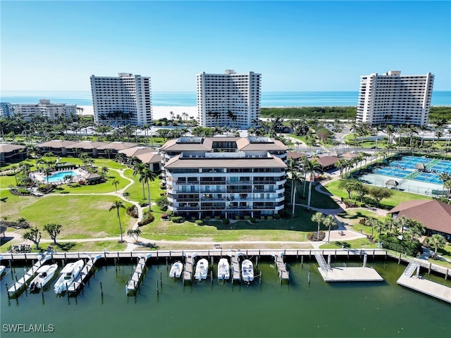 drone / aerial view featuring a water view