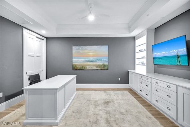 office with a tray ceiling, light hardwood / wood-style flooring, and ceiling fan