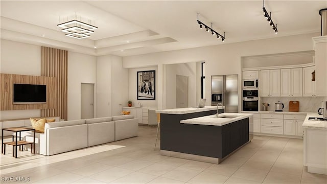 kitchen with rail lighting, sink, appliances with stainless steel finishes, a kitchen island with sink, and white cabinets