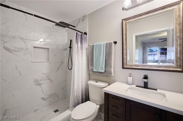 bathroom featuring vanity, toilet, and a shower with curtain