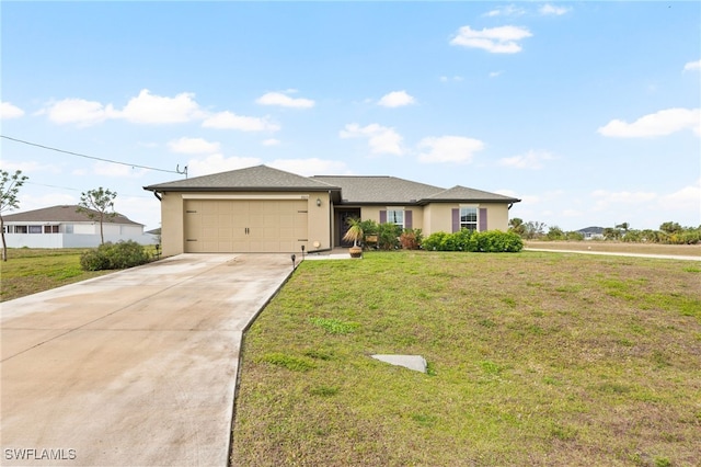 single story home with a garage and a front yard