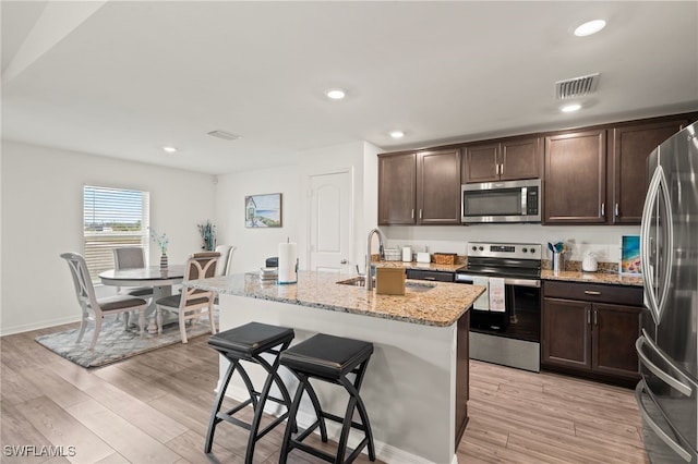 kitchen with sink, stainless steel appliances, dark brown cabinetry, light stone countertops, and an island with sink