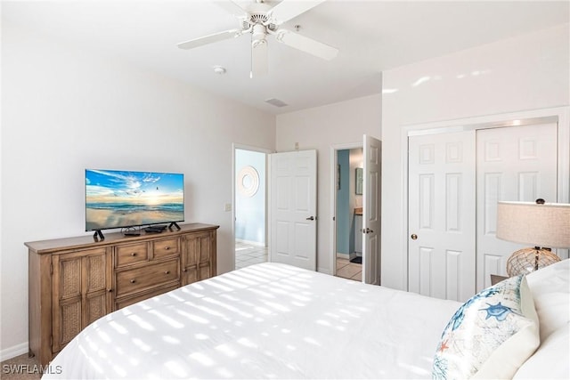 bedroom featuring ceiling fan and a closet