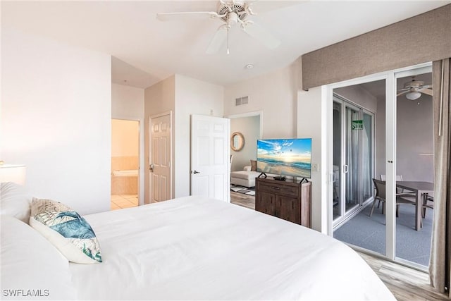 bedroom with ceiling fan and ensuite bathroom