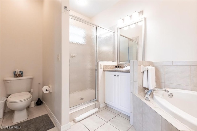 full bathroom featuring toilet, vanity, independent shower and bath, and tile patterned flooring