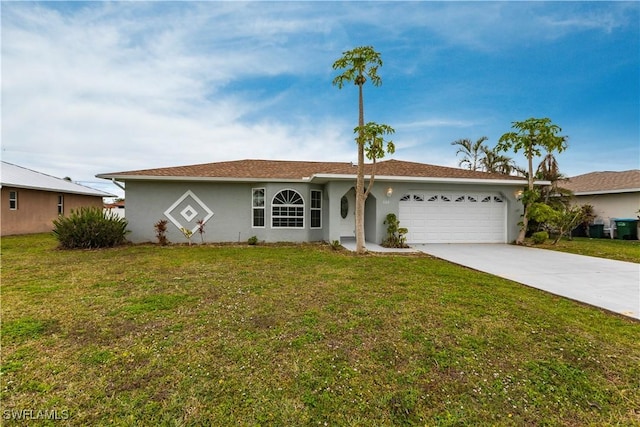 ranch-style home with a garage and a front lawn