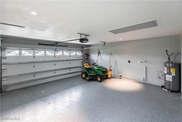 garage with a garage door opener and water heater