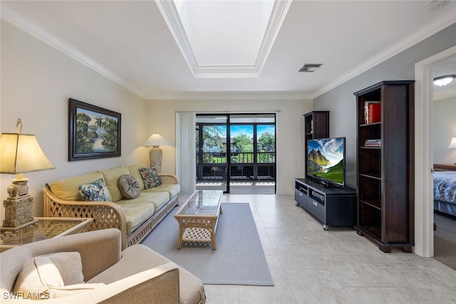 living room with light tile patterned floors and crown molding