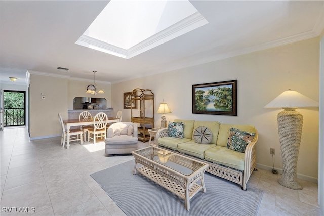 living room featuring a skylight, crown molding, and light tile patterned flooring