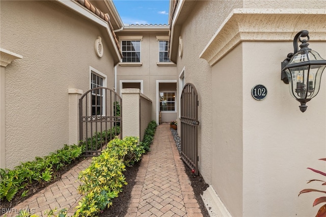 entrance to property featuring a gate and stucco siding