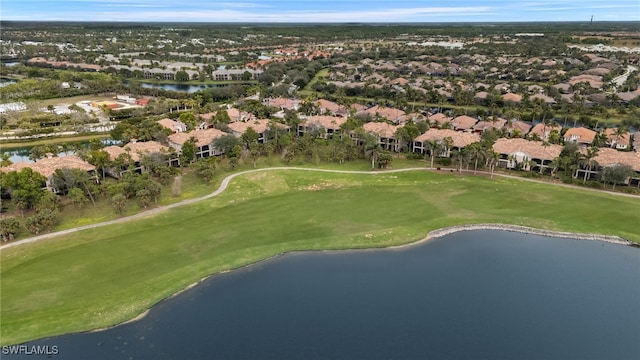 bird's eye view with a residential view, a water view, and golf course view