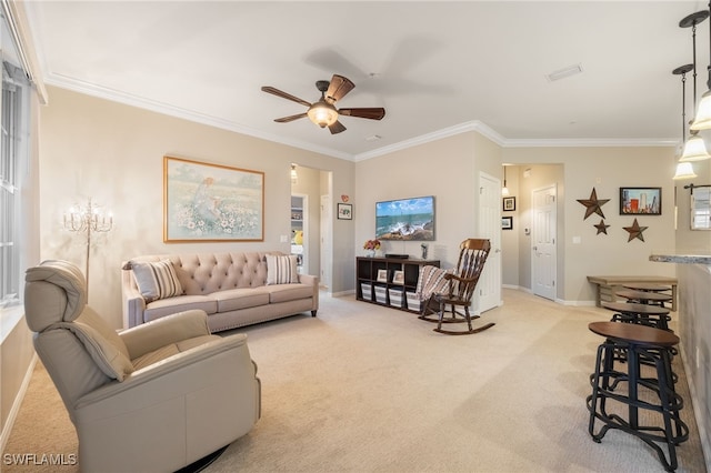 living room featuring light carpet, ceiling fan, and ornamental molding