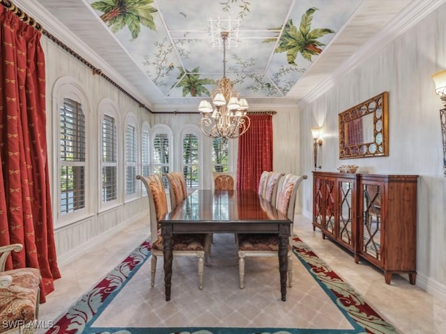 dining area featuring crown molding, a chandelier, and a tray ceiling