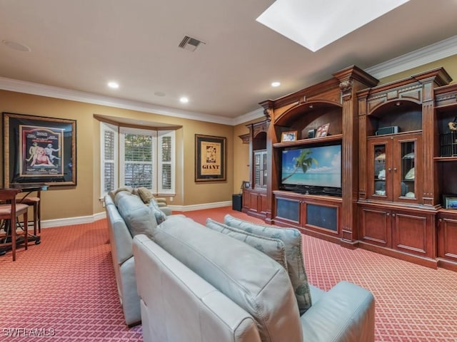 cinema room featuring crown molding, light colored carpet, and a skylight