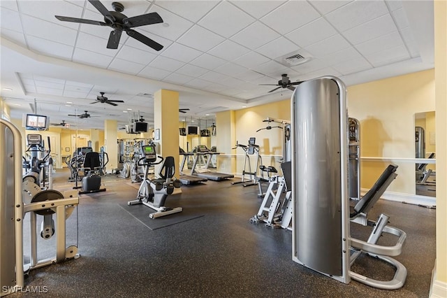 workout area featuring a drop ceiling