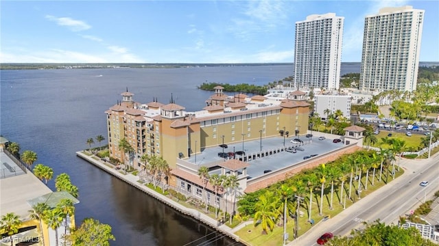 aerial view featuring a water view