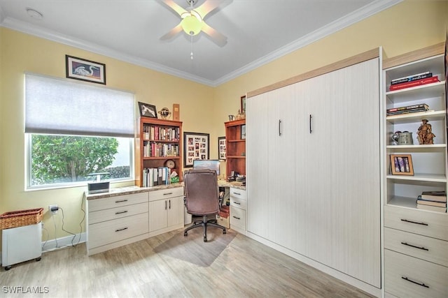 office area featuring ceiling fan, light hardwood / wood-style flooring, and crown molding