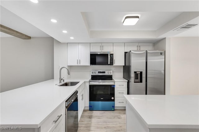 kitchen featuring sink, appliances with stainless steel finishes, kitchen peninsula, light hardwood / wood-style floors, and white cabinets