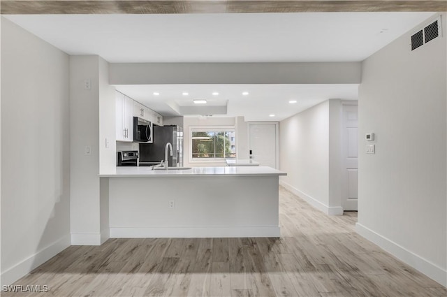 kitchen featuring white cabinetry, sink, kitchen peninsula, and light hardwood / wood-style floors