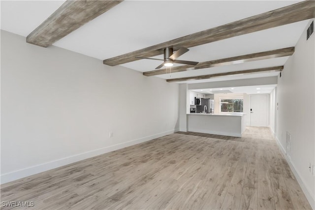 unfurnished living room featuring ceiling fan, light wood-type flooring, and beam ceiling