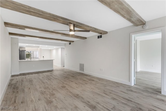 unfurnished living room featuring ceiling fan, beam ceiling, and light wood-type flooring