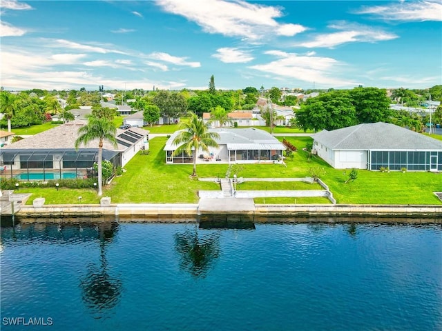 aerial view featuring a water view