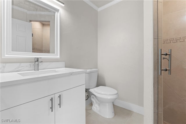 full bath featuring toilet, vanity, ornamental molding, tile patterned floors, and a stall shower