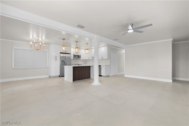 unfurnished living room with visible vents, crown molding, baseboards, and ceiling fan with notable chandelier