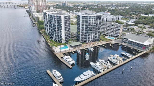 drone / aerial view featuring a water view