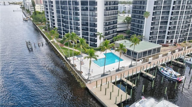 drone / aerial view featuring a water view