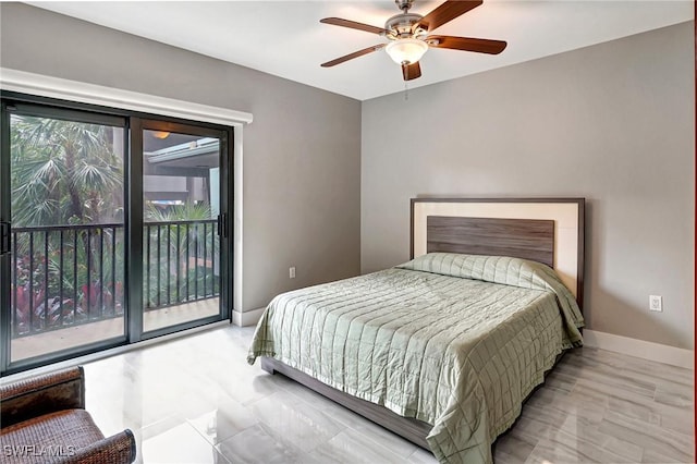 bedroom with access to outside and ceiling fan