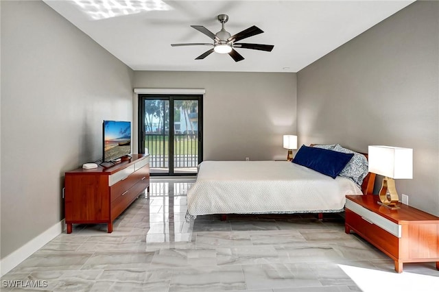 bedroom featuring access to outside and ceiling fan