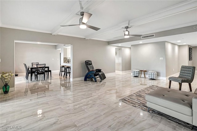 interior space featuring ceiling fan, ornamental molding, and beamed ceiling