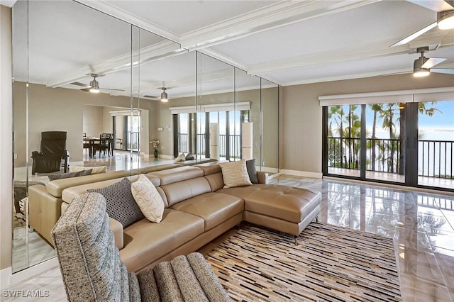 living room with crown molding, ceiling fan, coffered ceiling, and beam ceiling