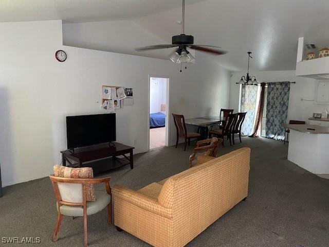 living room featuring ceiling fan, dark colored carpet, and lofted ceiling