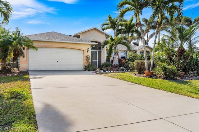 ranch-style home with a garage and a front lawn