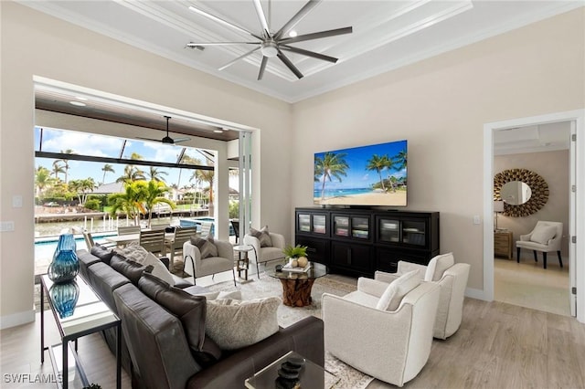 living room with a tray ceiling, light hardwood / wood-style flooring, and ornamental molding