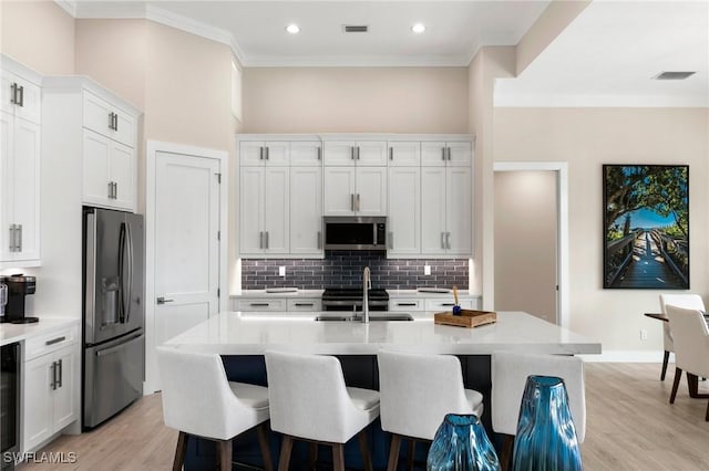 kitchen featuring appliances with stainless steel finishes, white cabinetry, sink, backsplash, and a center island with sink