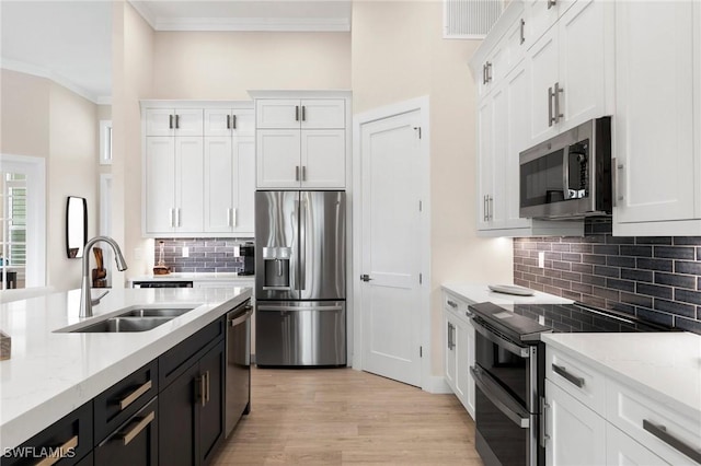 kitchen with sink, white cabinets, appliances with stainless steel finishes, and decorative backsplash