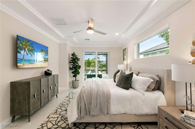 tiled bedroom featuring crown molding, ceiling fan, and access to outside