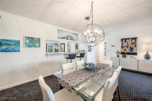 carpeted dining space with an inviting chandelier and a textured ceiling