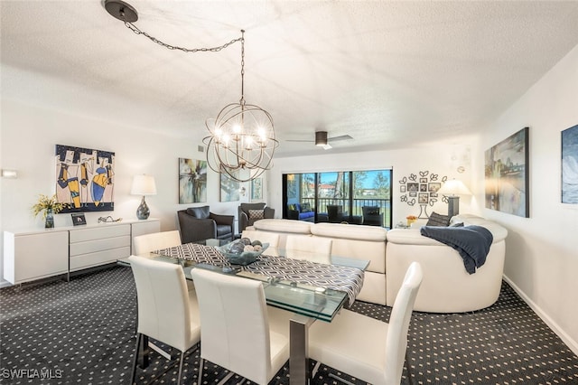 carpeted dining room featuring an inviting chandelier and a textured ceiling