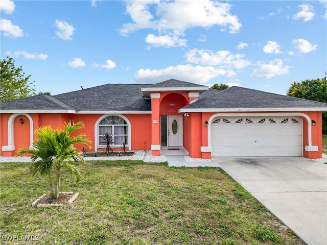 view of front of home featuring a garage and a front lawn