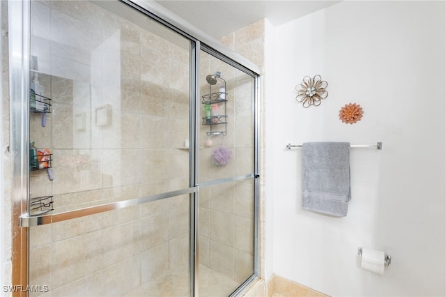 bathroom featuring a shower with shower door