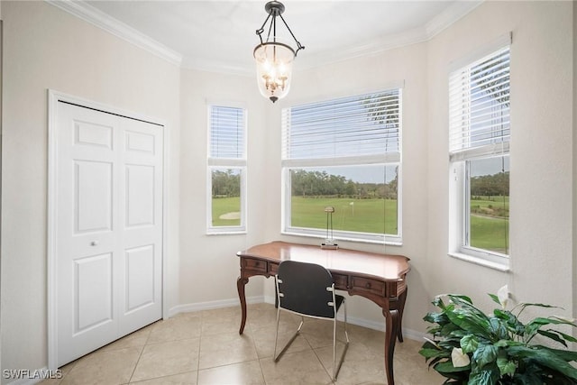 office area with crown molding, light tile patterned floors, and an inviting chandelier